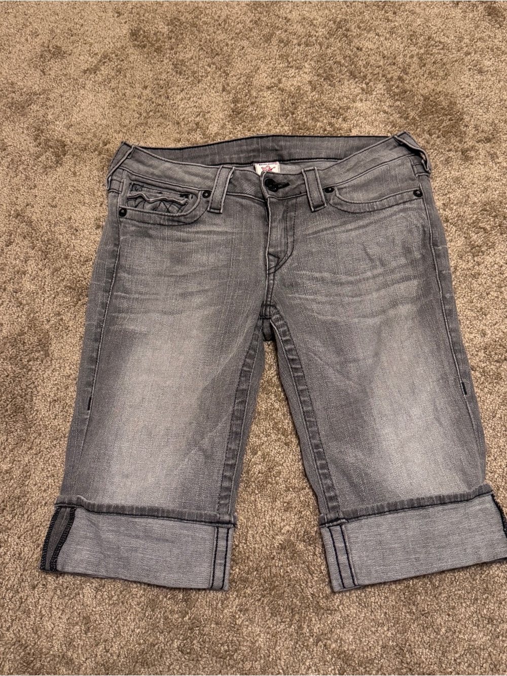 True Religion Jean Shorts Mens 30 Gray Denim 12'' Inseam Pockets Logo